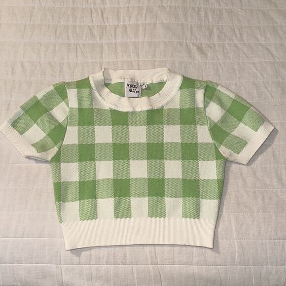 Princess Polly 2 Crewneck Cropped Short Sleeve Casual Check White Green Sweater - Picture 5 of 11